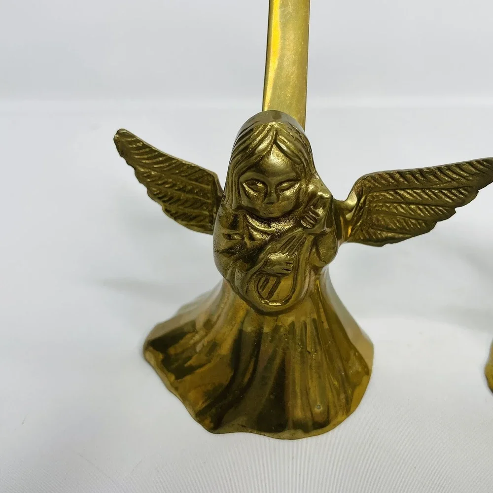 Vintage pair of Brass Harp‎ Playing Angels Candle Holders 6 1/4